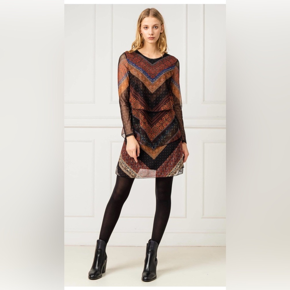 NEW🤎Desigual allover print dress layered Chevron Long Sleeve Dress small boho